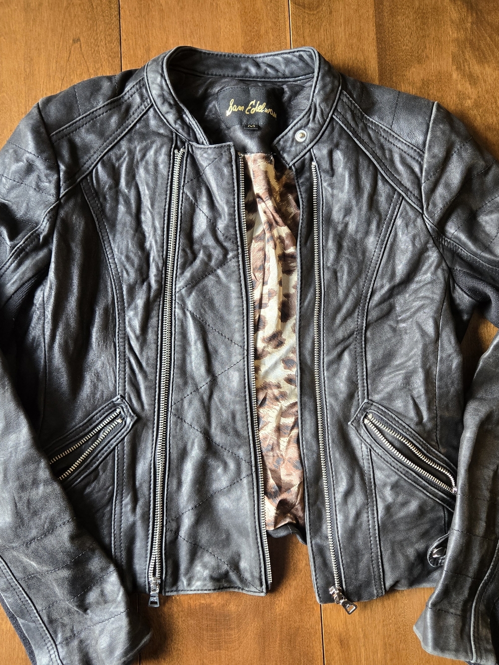 Sam Edelman Genuine Leather Moto Jacket Black Quilted Zip Medium